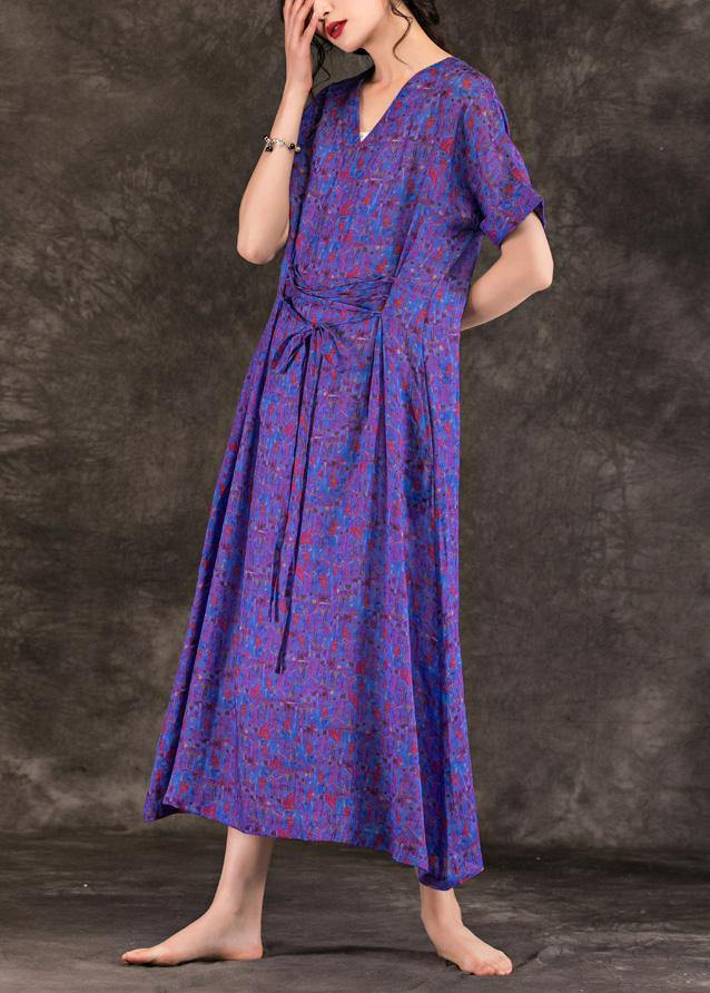 Handmade purple print linen clothes For Women v neck tie waist Maxi summer Dresses - SooLinen