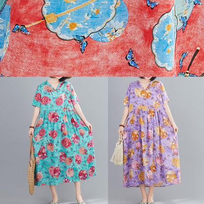 Handmade red print Tunics v neck Cinched Robe summer Dresses - SooLinen