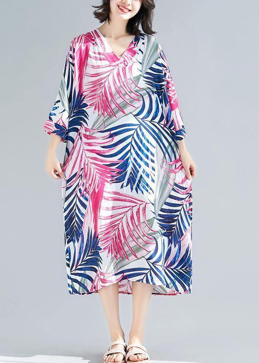 Handmade rose print cotton Women v neck tie waist A Line summer Dresses - SooLinen