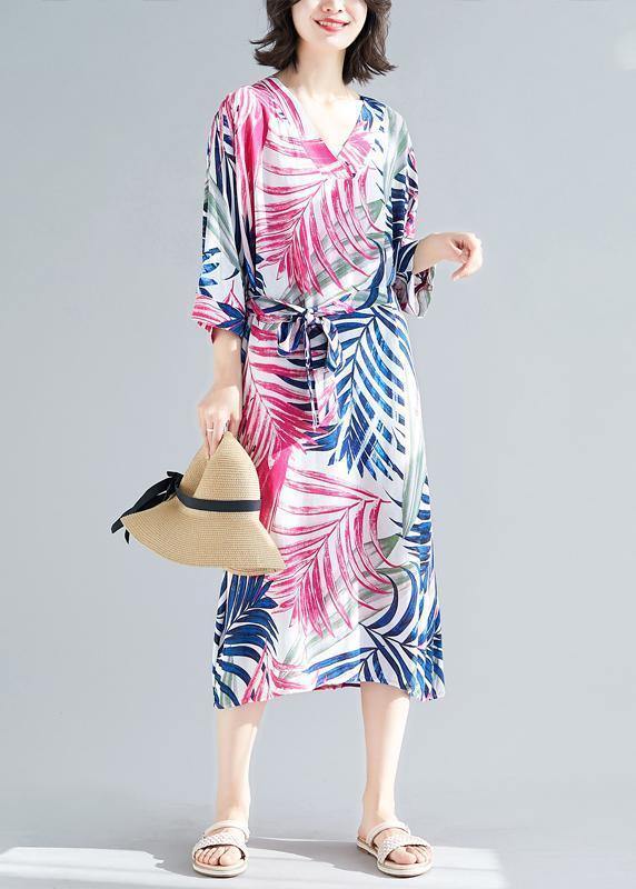 Handmade rose print cotton Women v neck tie waist A Line summer Dresses - SooLinen