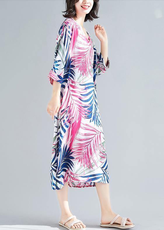 Handmade rose print cotton Women v neck tie waist A Line summer Dresses - SooLinen