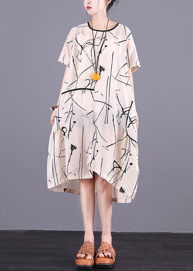 Handmade silk quilting dresses Stitches Summer Loose Short Sleeve Irregular Dress - SooLinen