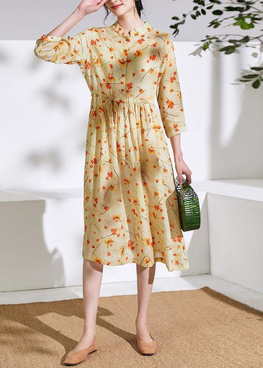 Handmade stand collar drawstring linen dress Ideas yellow print Dress - SooLinen