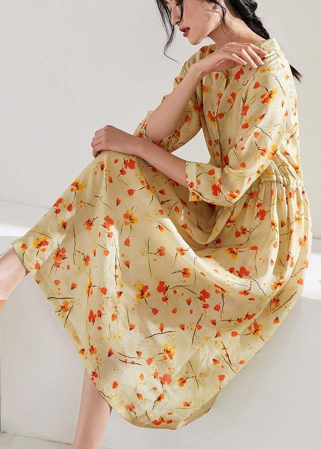 Handmade stand collar drawstring linen dress Ideas yellow print Dress - SooLinen