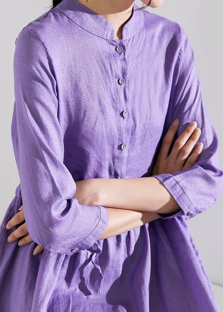 Handmade stand collar drawstring linen summer Wardrobes Runway purple Dress - SooLinen