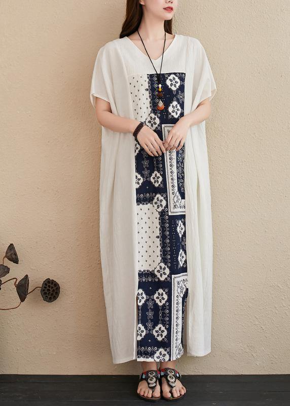 Handmade v neck Fashion Ideas white patchwork print Dresses - SooLinen