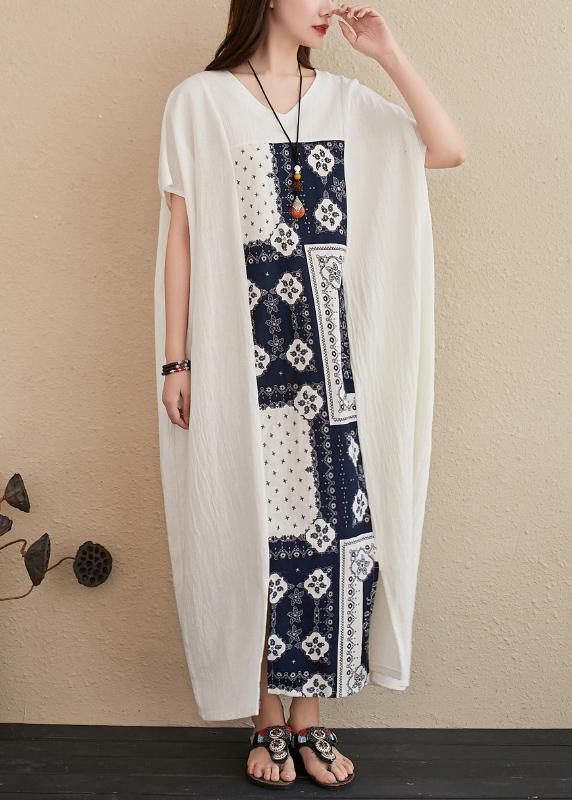Handmade v neck Fashion Ideas white patchwork print Dresses - SooLinen