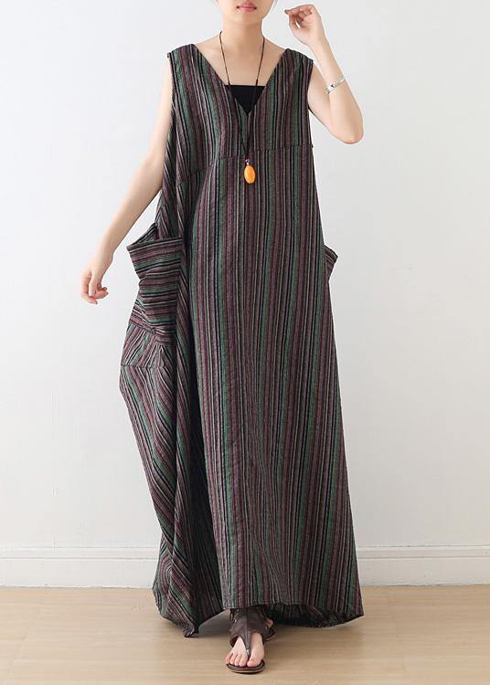 Handmade v neck cotton clothes linen striped Maxi Dresses summer - SooLinen