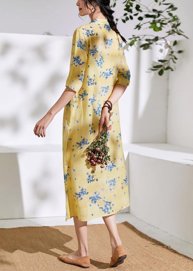 Handmade v neck half sleeve linen summer dresses Shirts yellow print Dress - SooLinen