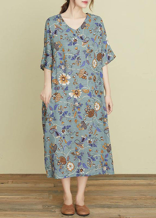 Handmade v neck pockets summer Wardrobes Sewing gray print Robe Dresses - SooLinen