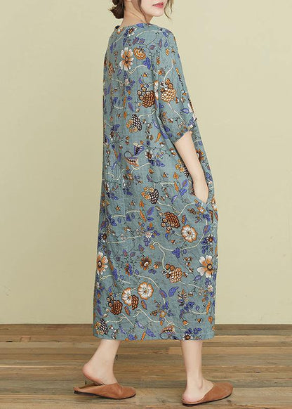 Handmade v neck pockets summer Wardrobes Sewing gray print Robe Dresses - SooLinen