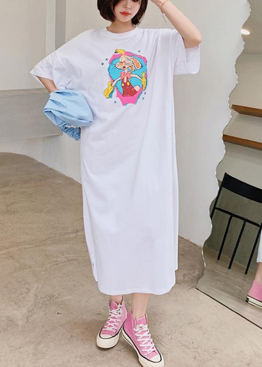 Handmade white Cartoon anime print dress o neck Robe Dresses - SooLinen