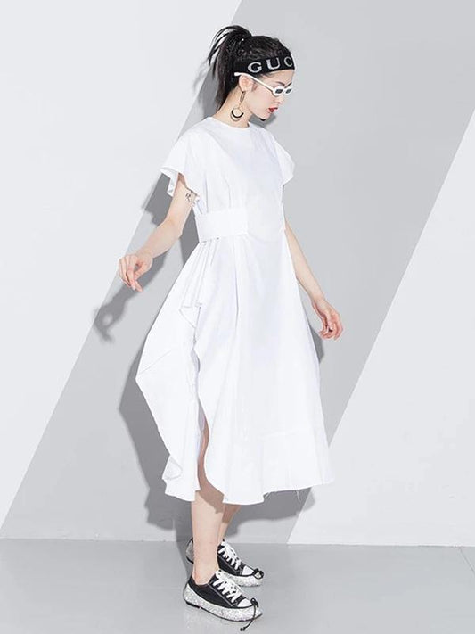 Handmade white Cotton o neck asymmetric A Line summer Dresses - SooLinen