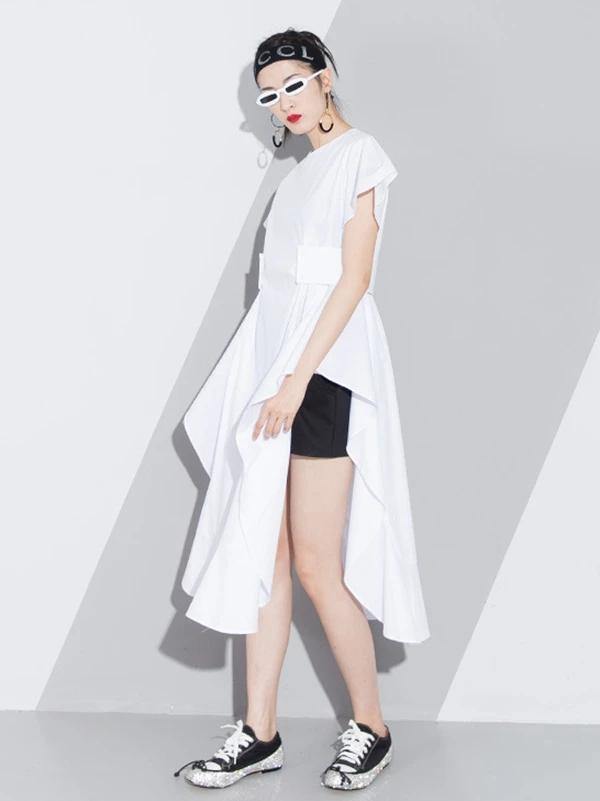 Handmade white Cotton o neck asymmetric A Line summer Dresses - SooLinen