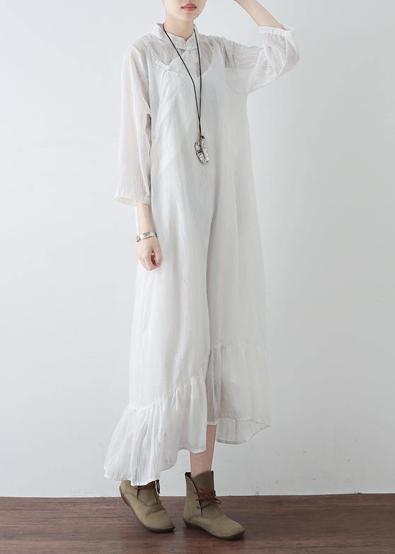 Handmade white chiffon dresses Fitted Tutorials stand collar Cinched Plus Size Clothing Summer Dresses - SooLinen