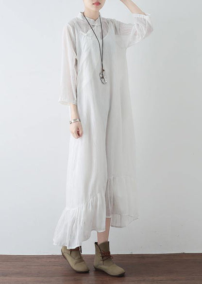 Handmade white chiffon dresses Fitted Tutorials stand collar Cinched Plus Size Clothing Summer Dresses - SooLinen