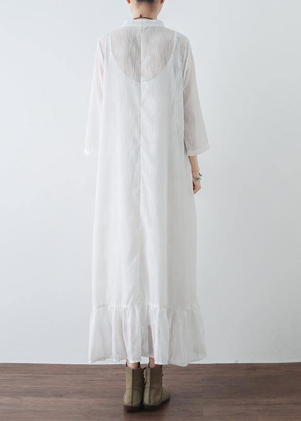 Handmade white chiffon dresses Fitted Tutorials stand collar Cinched Plus Size Clothing Summer Dresses - SooLinen