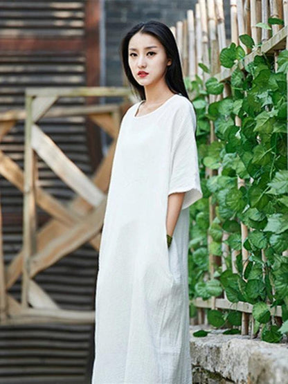 Handmade white cotton linen clothes For Women o neck half sleeve Maxi Dress - SooLinen