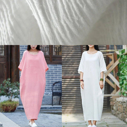 Handmade white cotton linen clothes For Women o neck half sleeve Maxi Dress - SooLinen