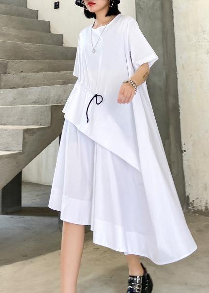 Handmade white cotton o neck drawstring Robe summer Dress - SooLinen