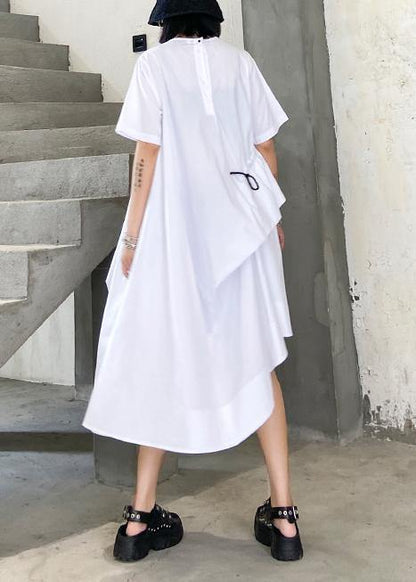 Handmade white cotton o neck drawstring Robe summer Dress - SooLinen
