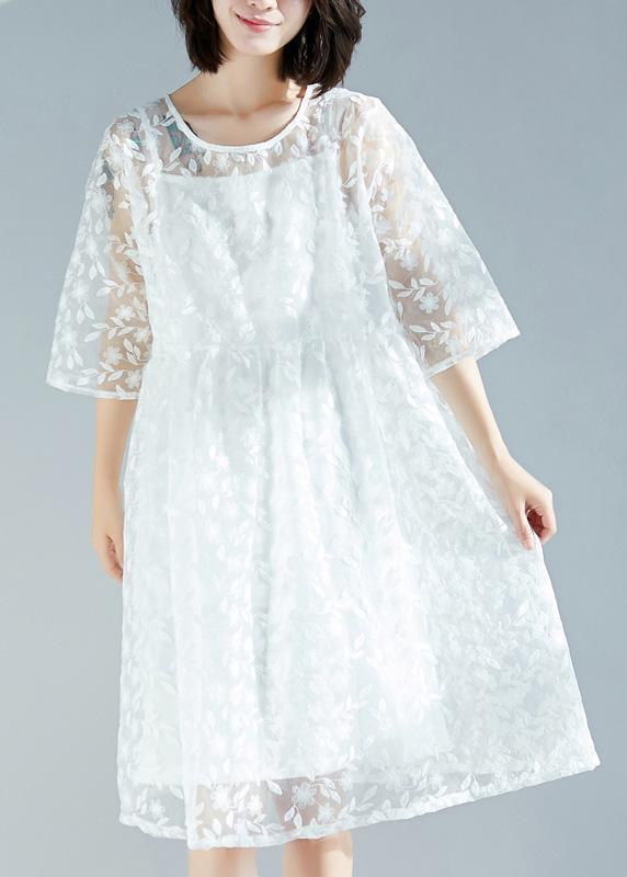Handmade white dress 2025 o neck Cinched A Line Summer Dresses
