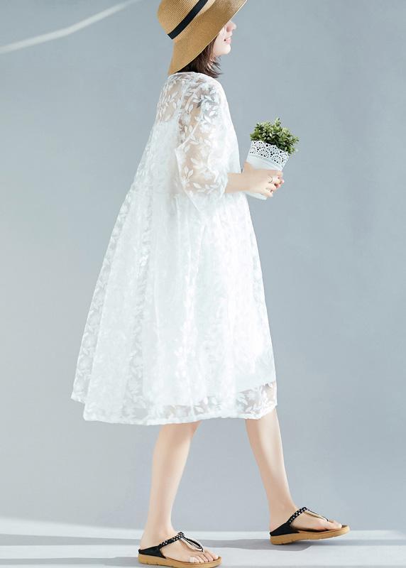 Handmade white dress 2025 o neck Cinched A Line Summer Dresses