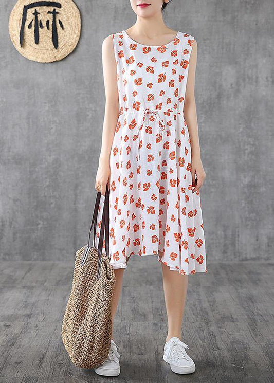 Handmade white print linen Long Shirts sleeveless cotton summer Dress - SooLinen