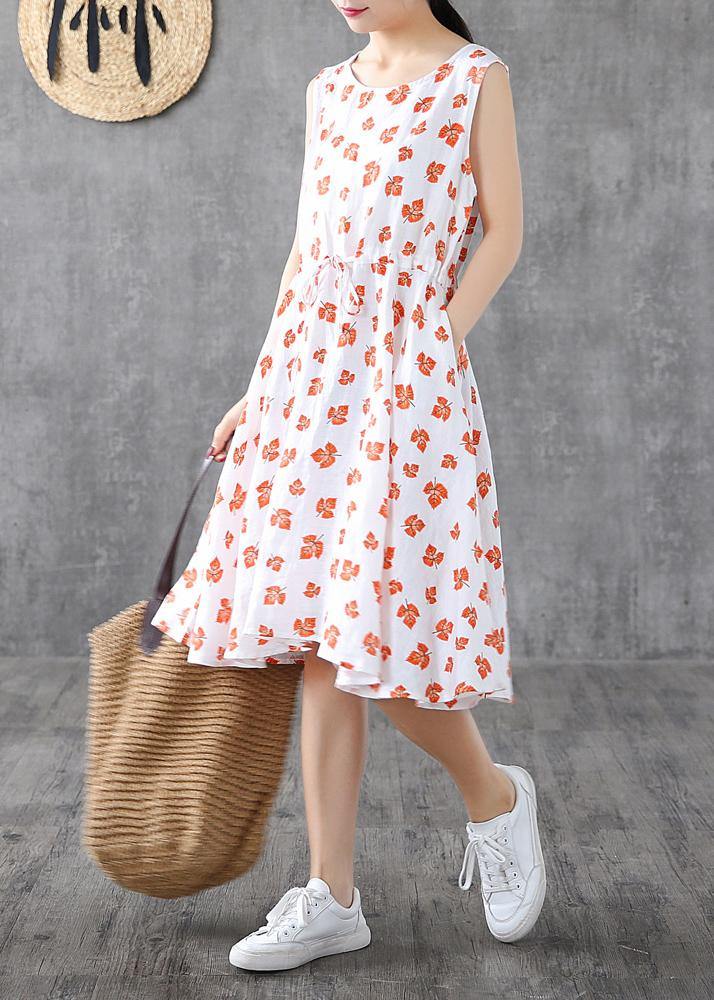 Handmade white print linen Long Shirts sleeveless cotton summer Dress - SooLinen