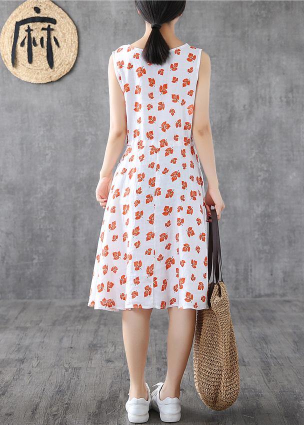 Handmade white print linen Long Shirts sleeveless cotton summer Dress - SooLinen