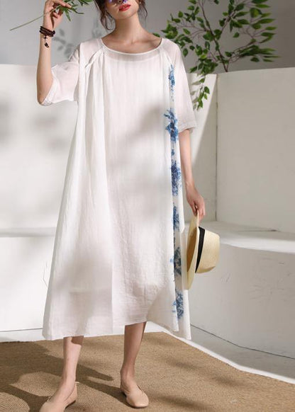 Handmade white print linen clothes For Women o neck half sleeve A Line summer Dresses - SooLinen