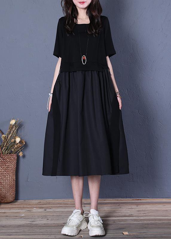 Handmade yellow cotton clothes For Women o neck patchwork cotton summer Dresses - SooLinen