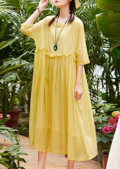 Handmade yellow cotton linen clothes o neck half sleeve Maxi summer Dresses - SooLinen