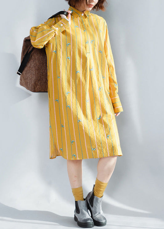 Handmade yellow striped Cotton clothes For Women Korea Photography lapel Button Down Plus Size spring Dress