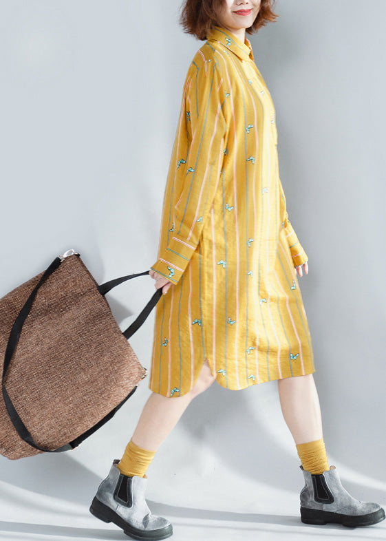 Handmade yellow striped Cotton clothes For Women Korea Photography lapel Button Down Plus Size spring Dress