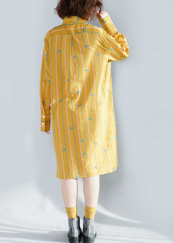 Handmade yellow striped Cotton clothes For Women Korea Photography lapel Button Down Plus Size spring Dress