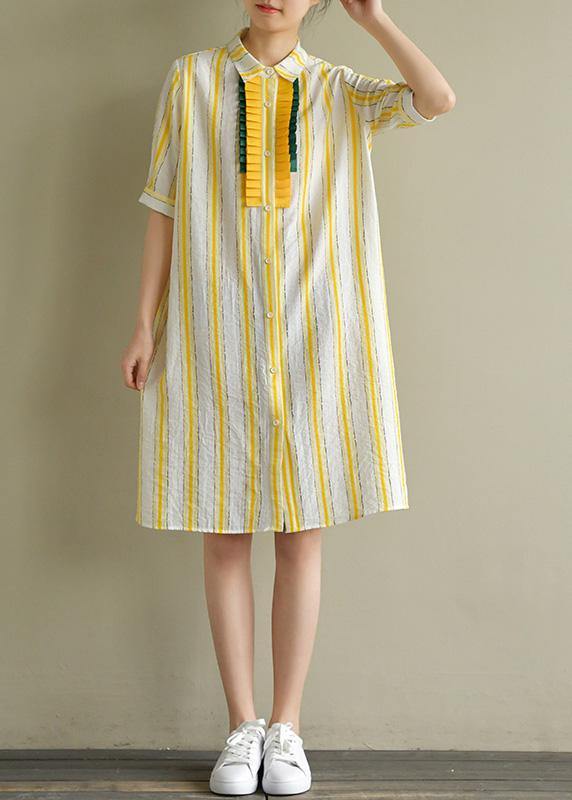 Handmade yellow striped linen Robes lapel Button Down Plus Size summer Dress - SooLinen