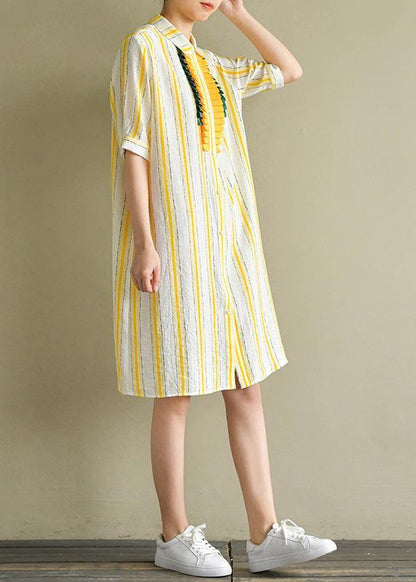 Handmade yellow striped linen Robes lapel Button Down Plus Size summer Dress - SooLinen