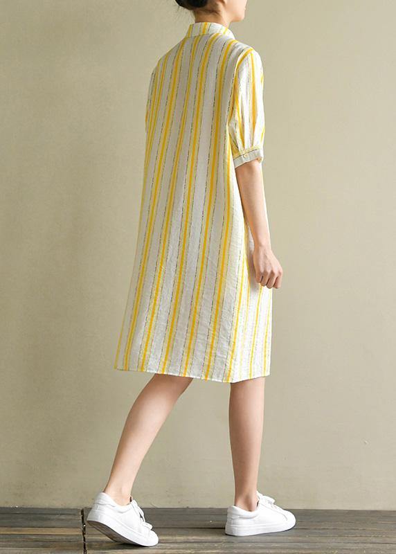 Handmade yellow striped linen Robes lapel Button Down Plus Size summer Dress - SooLinen