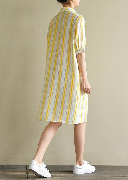 Handmade yellow striped linen Robes lapel Button Down Plus Size summer Dress - SooLinen