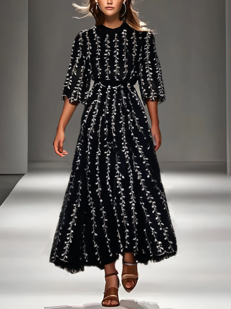 Grace Black O-Neck Embroideried Tulle Patchwork Tunic Long Dress Half Sleeve