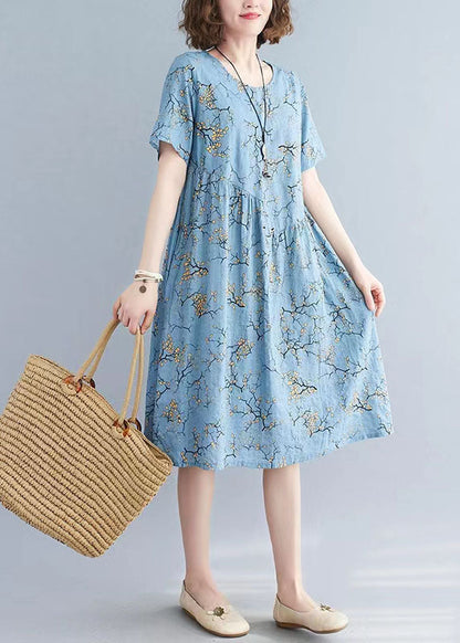 Handmade o neck drawstring Cotton clothes Women Wardrobes green print Dresses summer