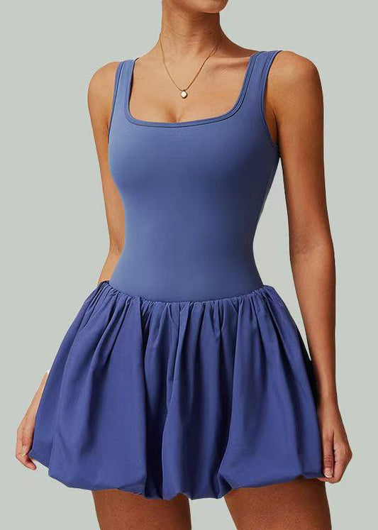 Haze Blue Vacation Dress U Neck Built-In Shorts Pockets Summer