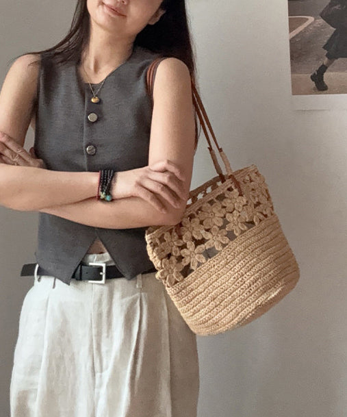 Holiday Beach Khaki Hollowed Out Floral Shoulder Bag