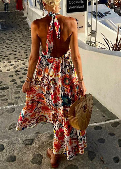 Holiday Style Backless Print Cotton Halter Dress Sleeveless