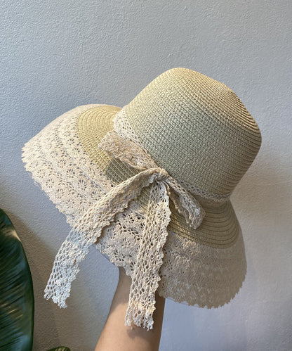 Holiday Style Beige Lace Bow Straw Woven Bucket Hat