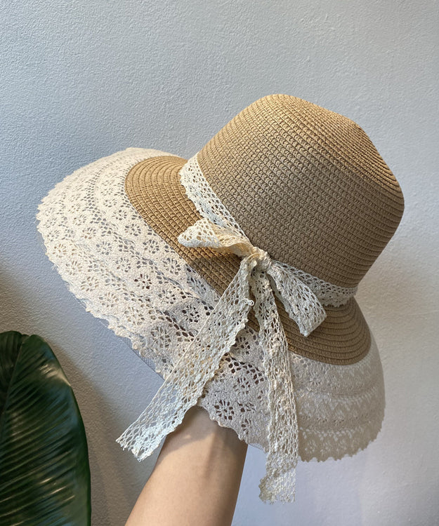 Holiday Style Beige Lace Bow Straw Woven Bucket Hat