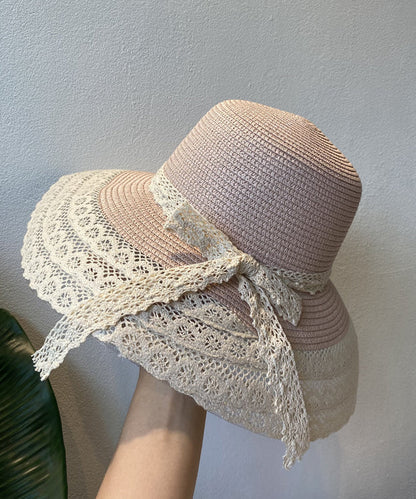 Holiday Style Beige Lace Bow Straw Woven Bucket Hat