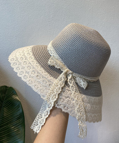 Holiday Style Beige Lace Bow Straw Woven Bucket Hat
