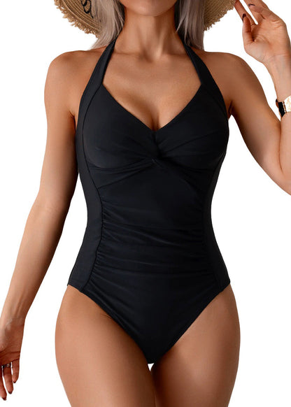Hot Army Green Halter Lace Up Plus Size Beach Bodysuit Swimwear